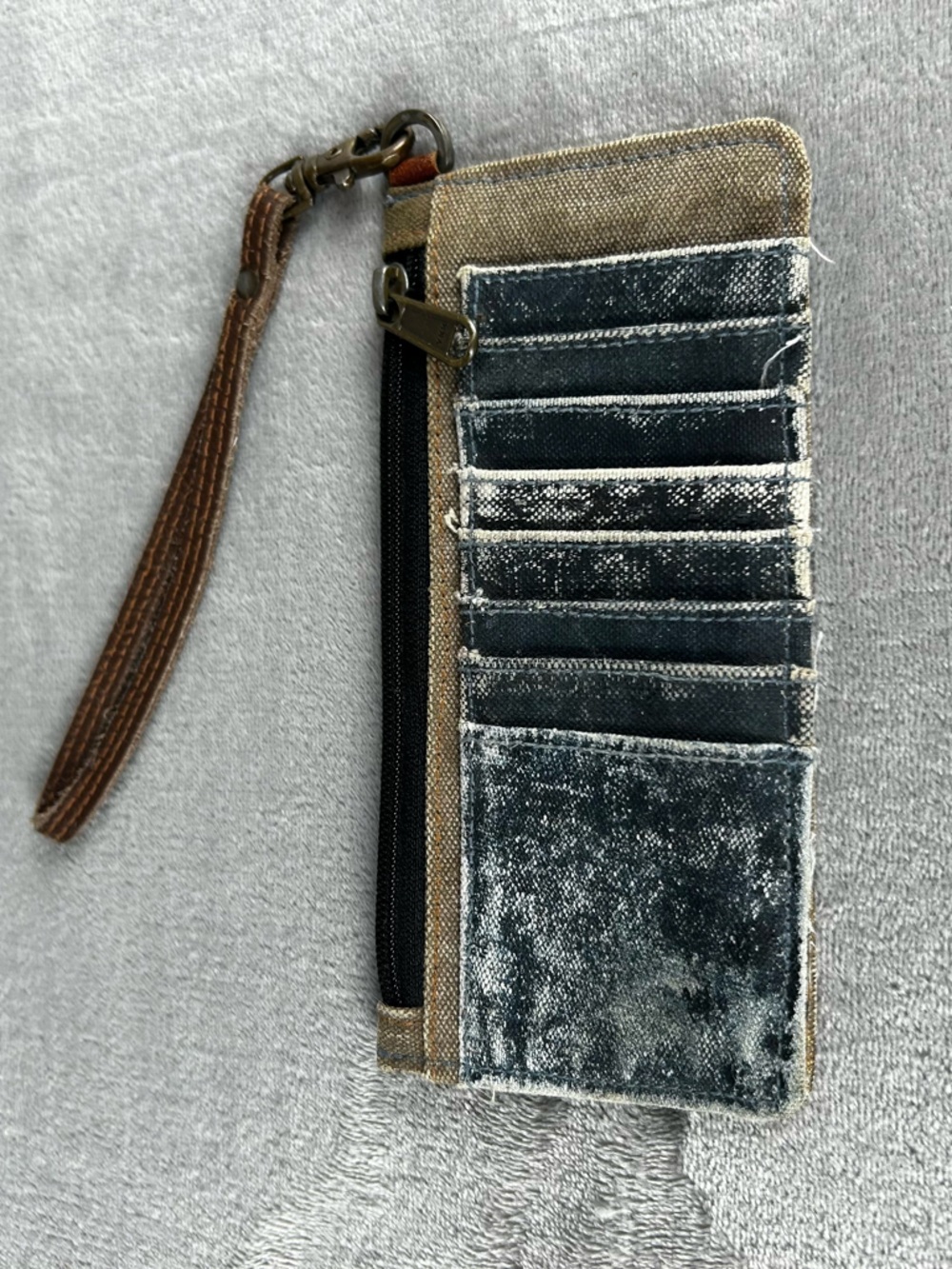 Mona B Upcycled Zipper‎ Wallet Wristlet Card Slots Wrist Strap Canvas Denim